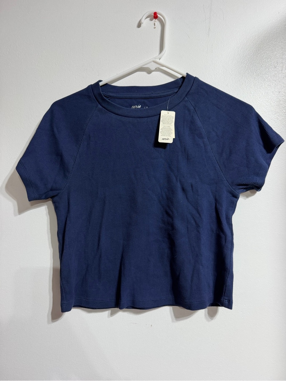 NWT Aerie Navy Blue Ribbed Crew Neck Short Sleeve Crop Top Tee Size Large
